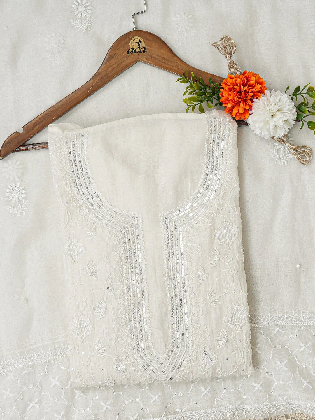 Ada Hand Embroidered White Chanderi Lucknowi Chikankari Semi-Stitched Kurta Dupatta Set With Cutdana Work 01A719588