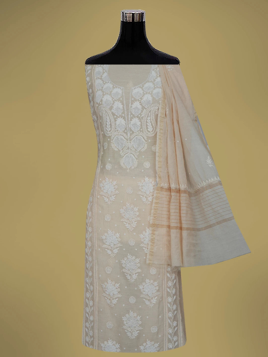 Ada Hand Embroidered Beige Chanderi Lucknowi Chikankari Semi-Stitched Kurta Dupatta Set With Pearl Work 01A700404