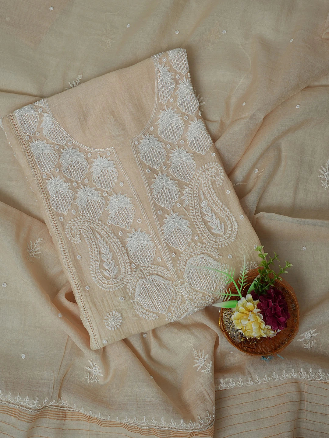 Ada Hand Embroidered Beige Chanderi Lucknowi Chikankari Semi-Stitched Kurta Dupatta Set With Pearl Work 01A700404