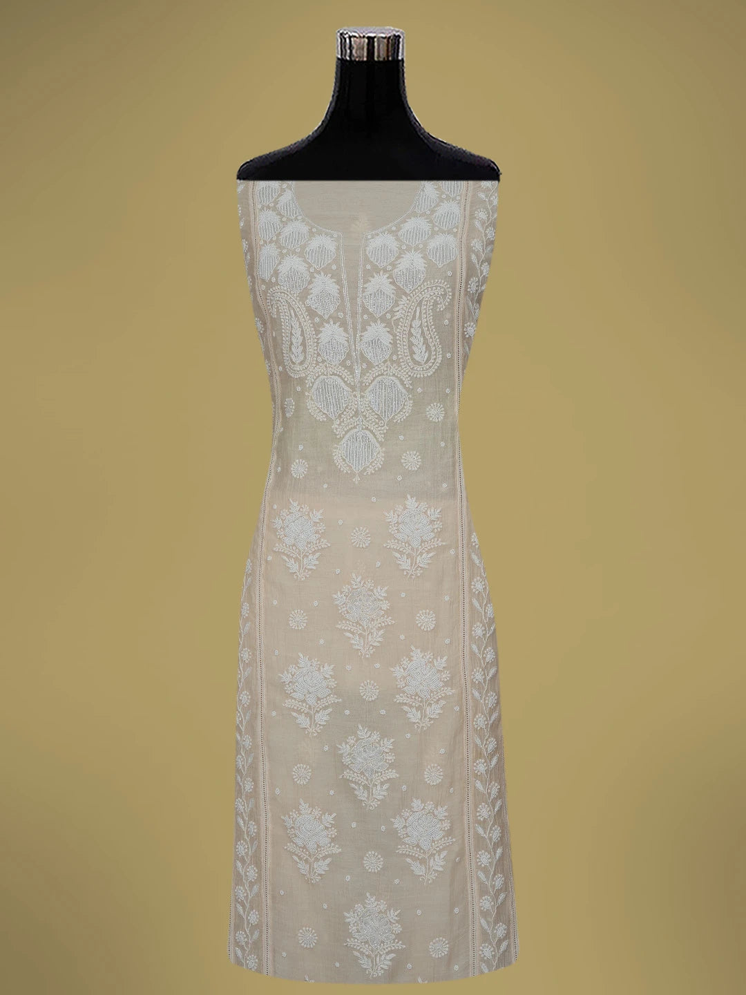 Ada Hand Embroidered Beige Chanderi Lucknowi Chikankari Semi-Stitched Kurta Dupatta Set With Pearl Work 01A700404