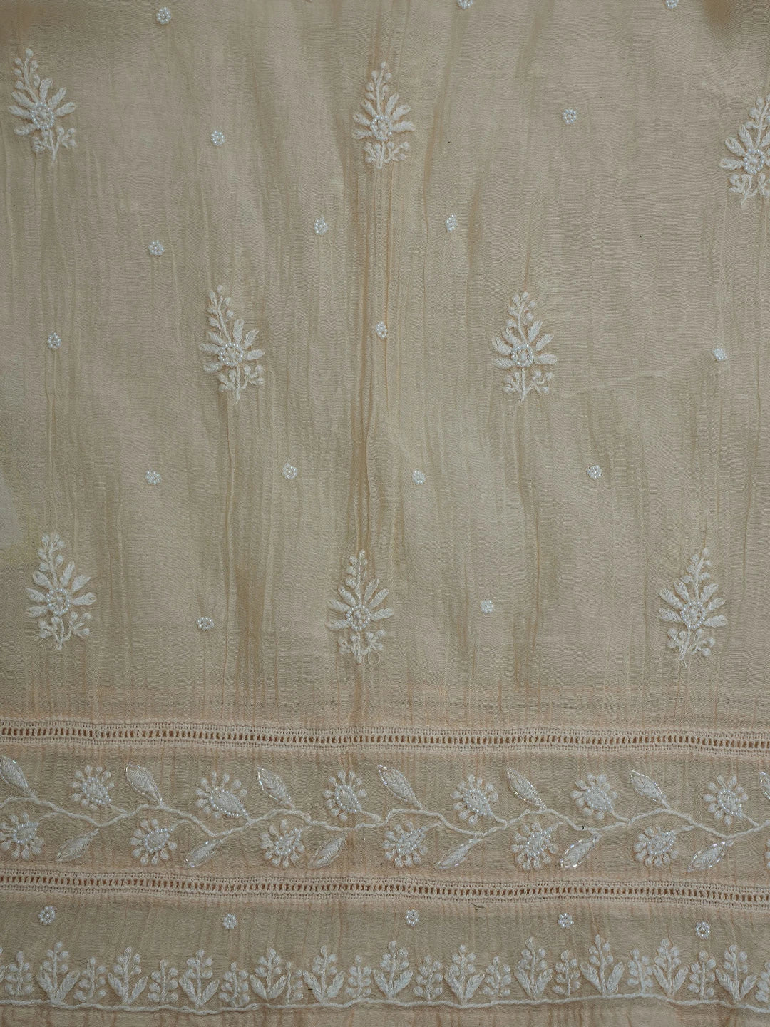 Ada Hand Embroidered Beige Chanderi Lucknowi Chikankari Semi-Stitched Kurta Dupatta Set With Pearl Work 01A700404