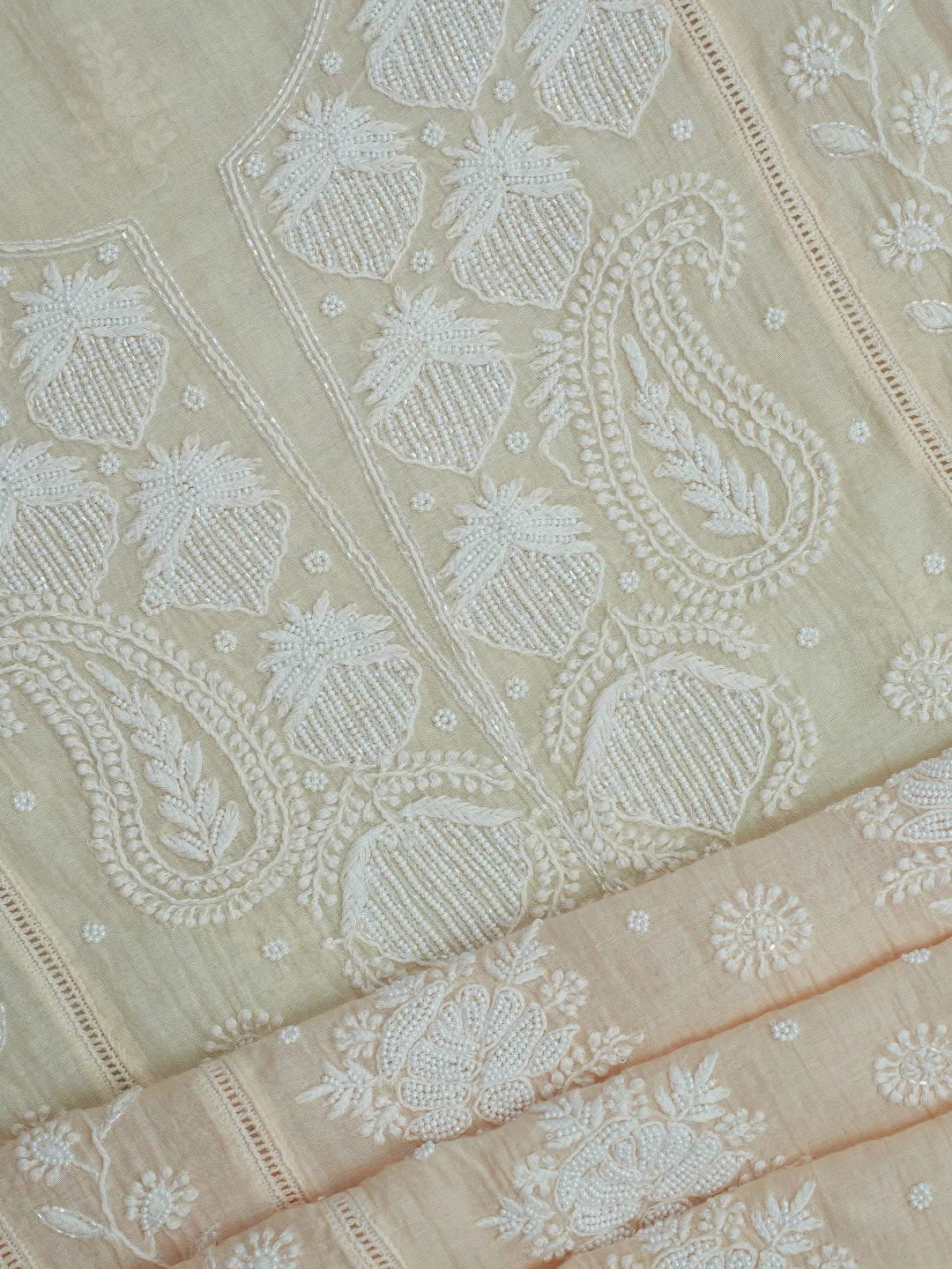 Ada Hand Embroidered Beige Chanderi Lucknowi Chikankari Semi-Stitched Kurta Dupatta Set With Pearl Work 01A700404