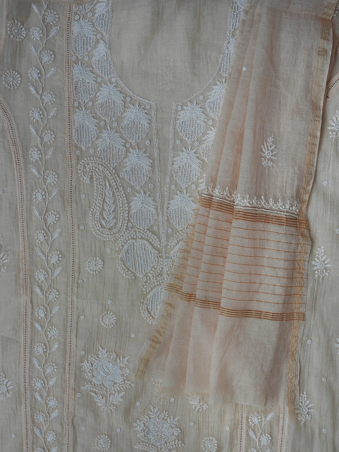 Ada Hand Embroidered Beige Chanderi Lucknowi Chikankari Semi-Stitched Kurta Dupatta Set With Pearl Work 01A700404