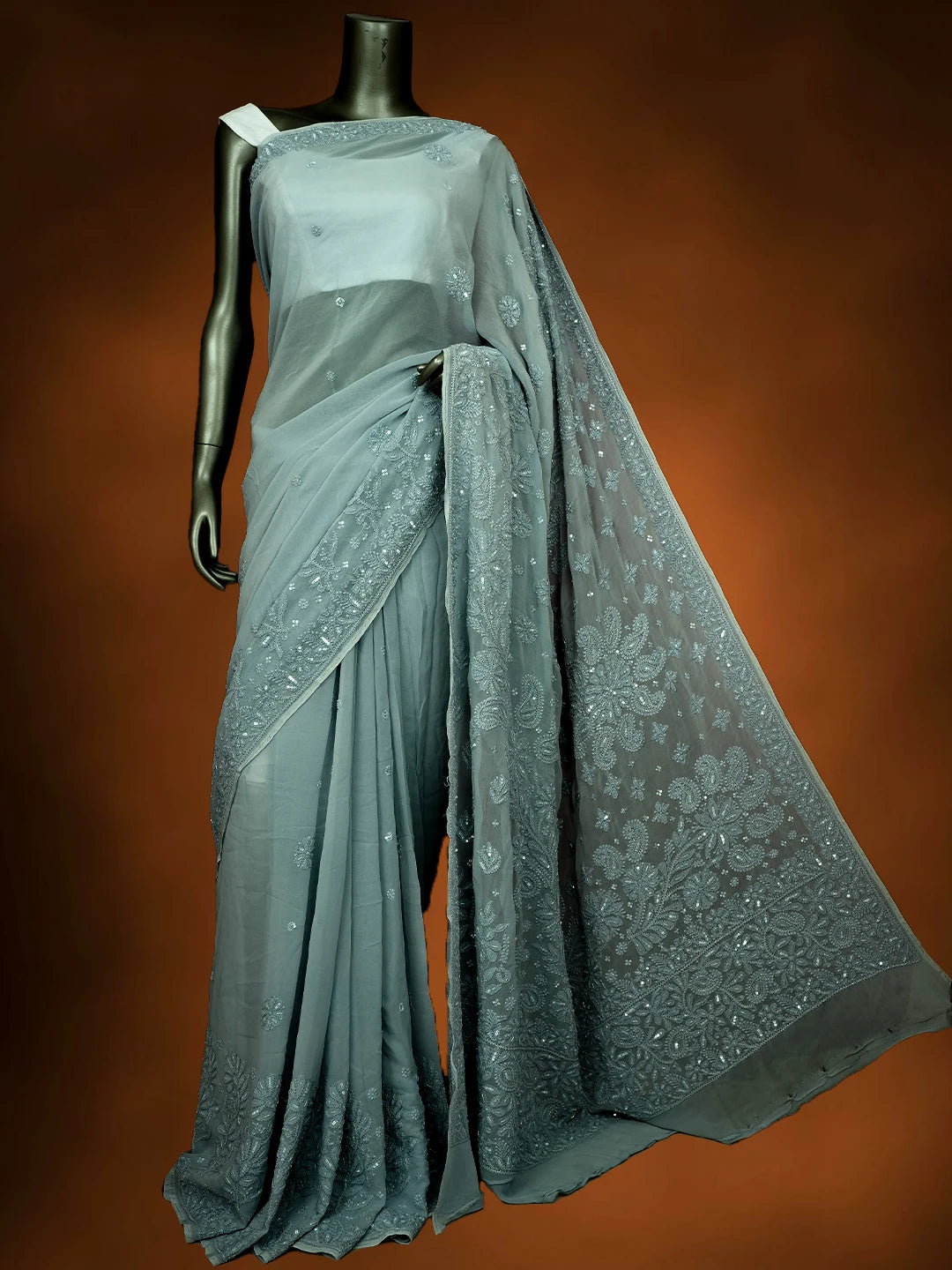 Ada Hand Embroidered Slate Gray Viscose Georgette Lucknowi Chikankari Saree With Blouse And Cutdana Work 01A670938