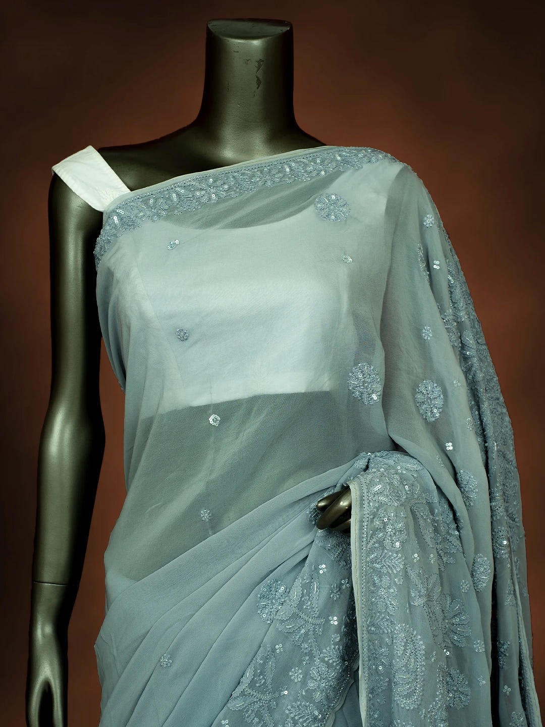 Ada Hand Embroidered Slate Gray Viscose Georgette Lucknowi Chikankari Saree With Blouse And Cutdana Work 01A670938