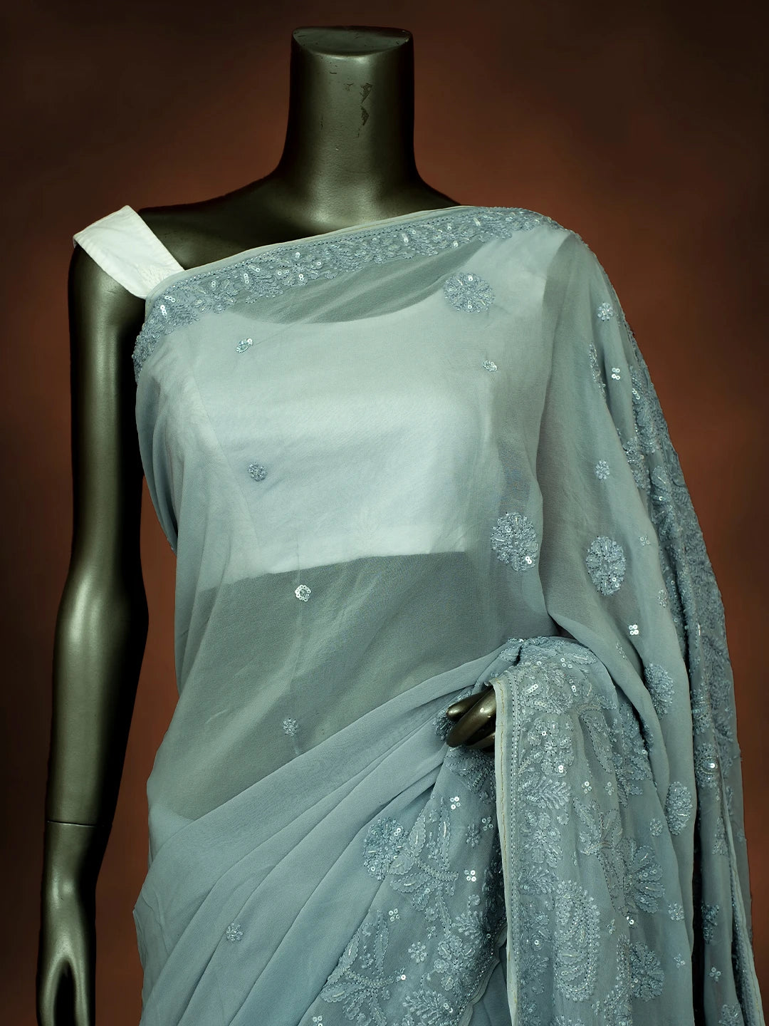 Ada Hand Embroidered Slate Gray Viscose Georgette Lucknowi Chikankari Saree With Blouse And Cutdana Work 01A670938
