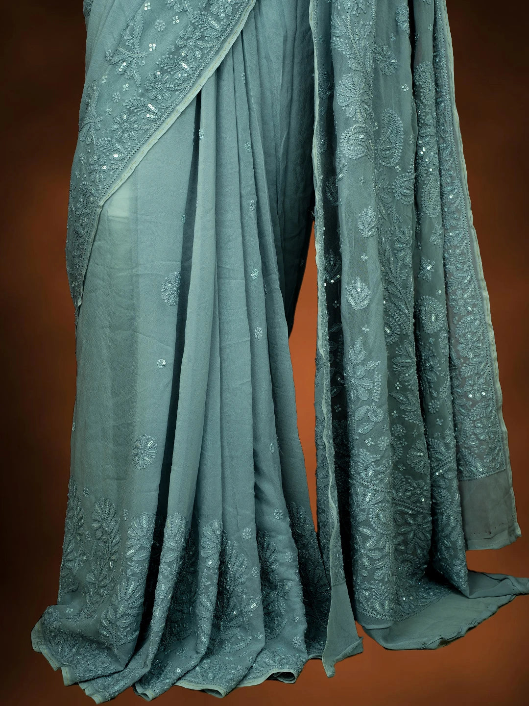 Ada Hand Embroidered Slate Gray Viscose Georgette Lucknowi Chikankari Saree With Blouse And Cutdana Work 01A670938