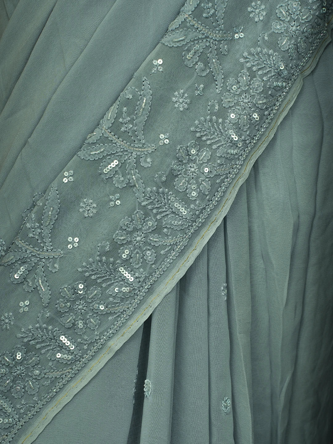 Ada Hand Embroidered Slate Gray Viscose Georgette Lucknowi Chikankari Saree With Blouse And Cutdana Work 01A670938