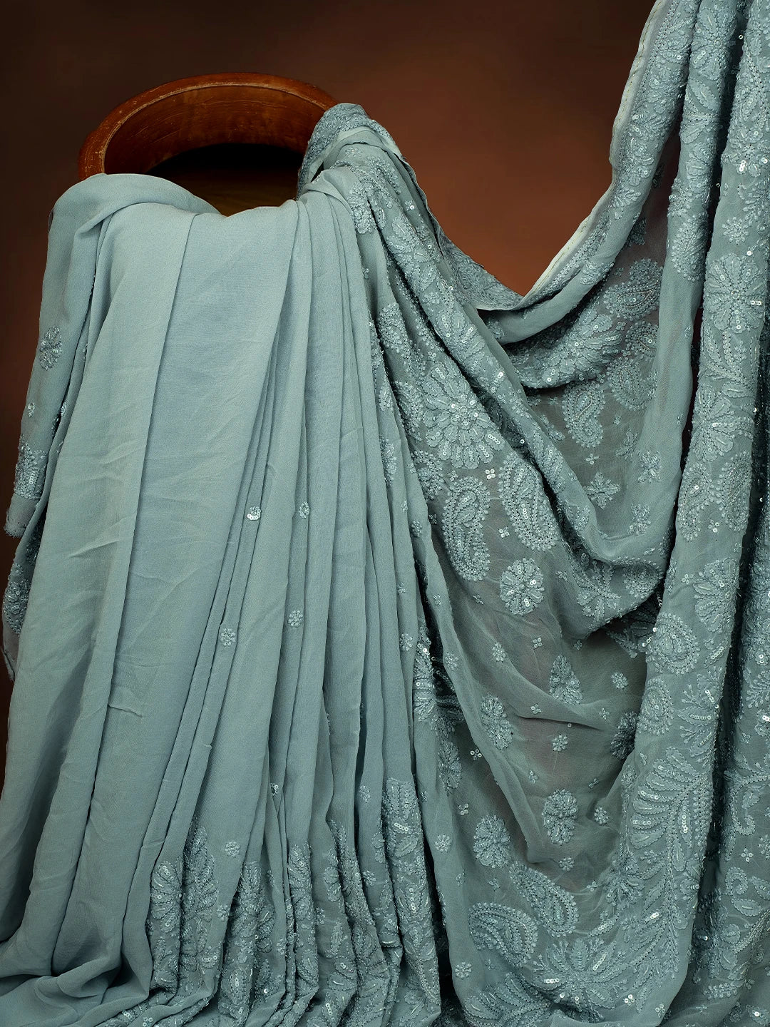 Ada Hand Embroidered Slate Gray Viscose Georgette Lucknowi Chikankari Saree With Blouse And Cutdana Work 01A670938