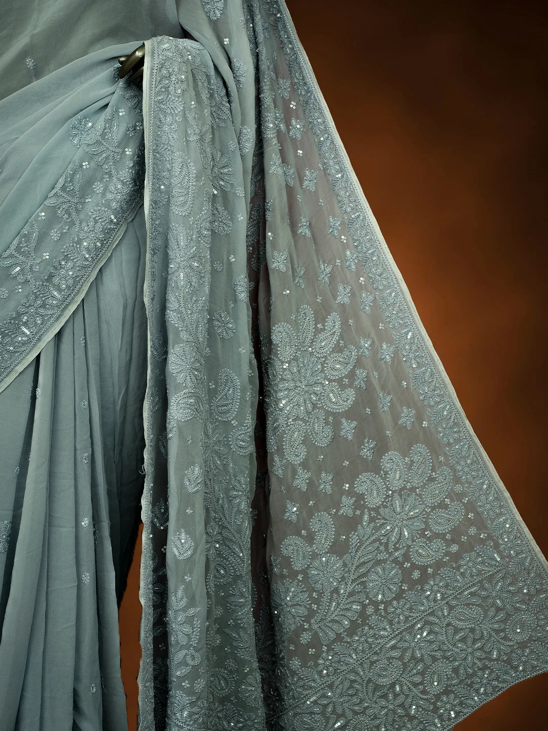 Ada Hand Embroidered Slate Gray Viscose Georgette Lucknowi Chikankari Saree With Blouse And Cutdana Work 01A670938