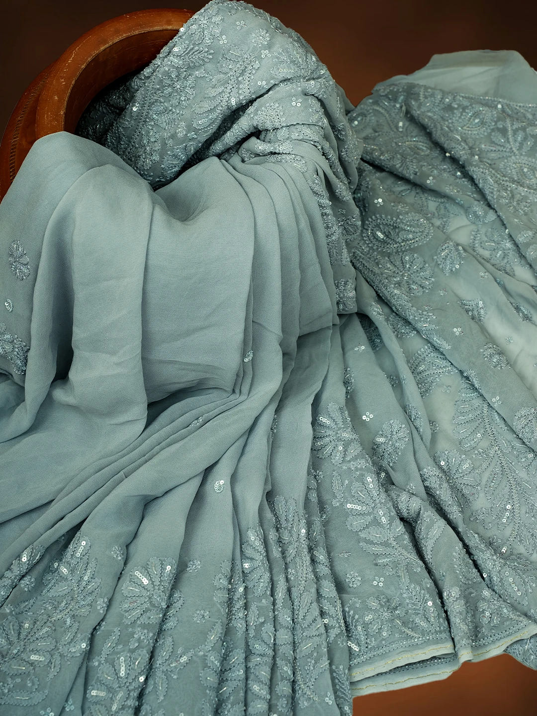 Ada Hand Embroidered Slate Gray Viscose Georgette Lucknowi Chikankari Saree With Blouse And Cutdana Work 01A670938