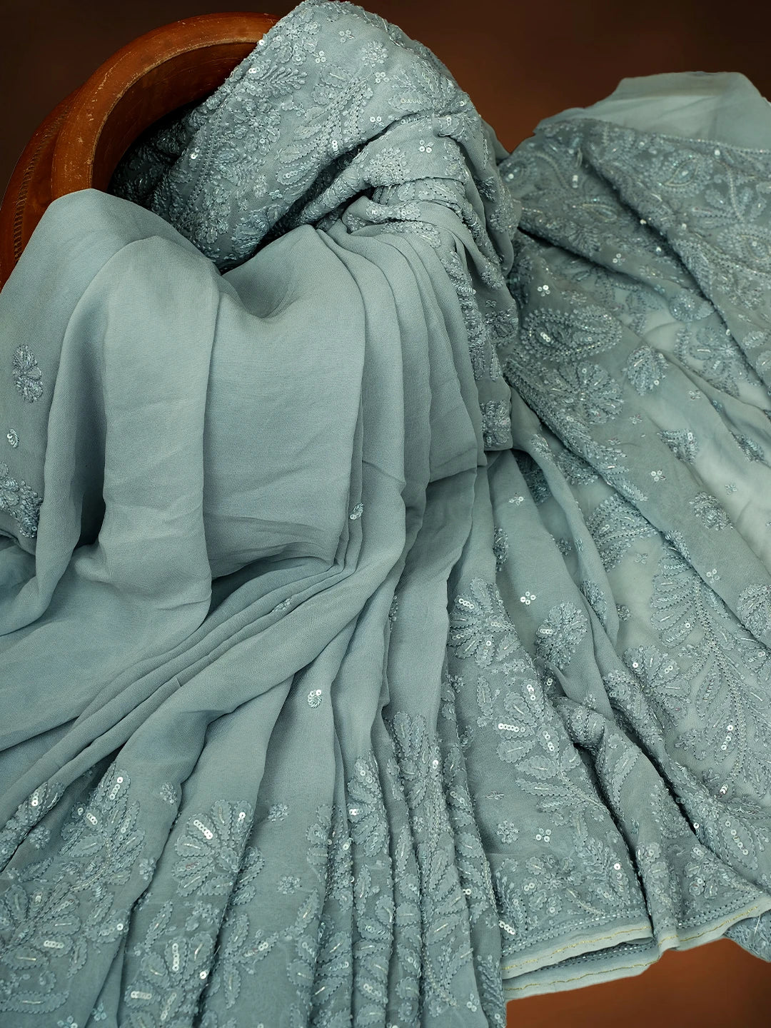 Ada Hand Embroidered Slate Gray Viscose Georgette Lucknowi Chikankari Saree With Blouse And Cutdana Work 01A670938