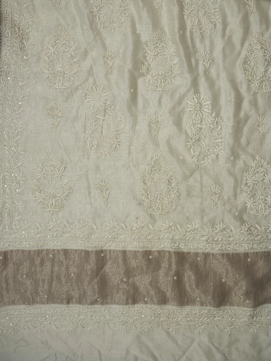 Ada Hand Embroidered White Chanderi Lucknowi Chikankari Saree and Blouse With Cutdana Work 01A642947