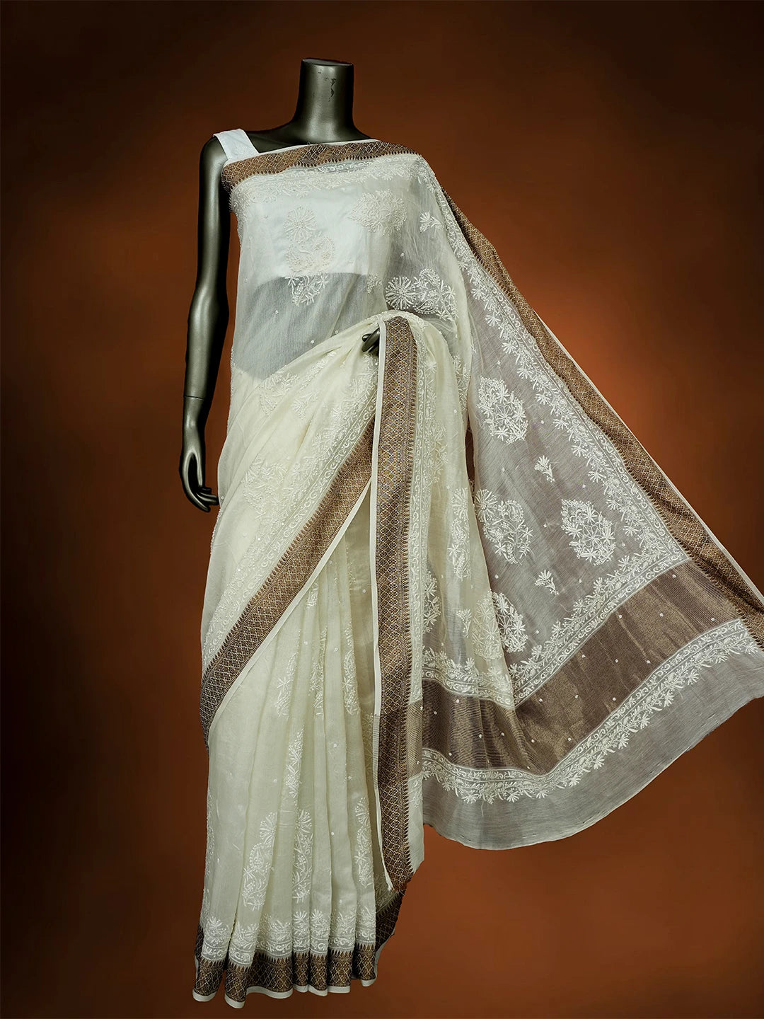 Ada Hand Embroidered White Chanderi Lucknowi Chikankari Saree and Blouse With Cutdana Work 01A642947
