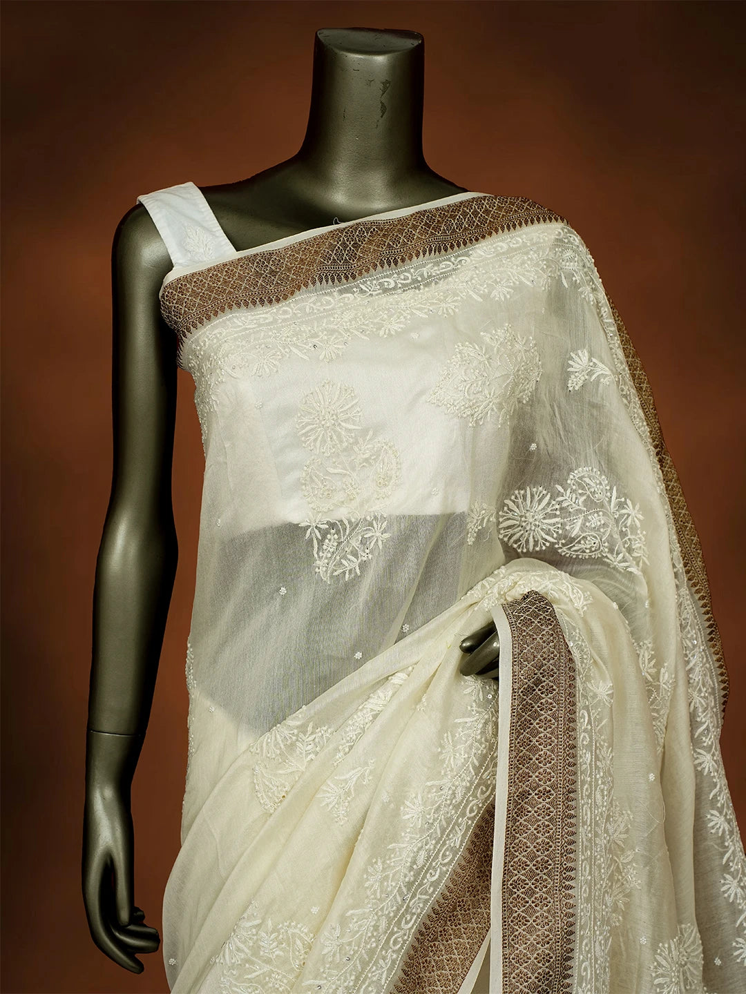 Ada Hand Embroidered White Chanderi Lucknowi Chikankari Saree and Blouse With Cutdana Work 01A642947