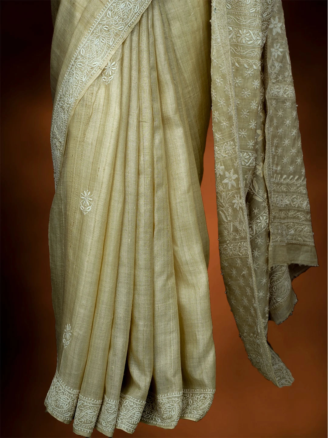 Ada Hand Embroidered Fawn Ghicha Silk Lucknowi Chikankari Saree and Blouse 01A590905