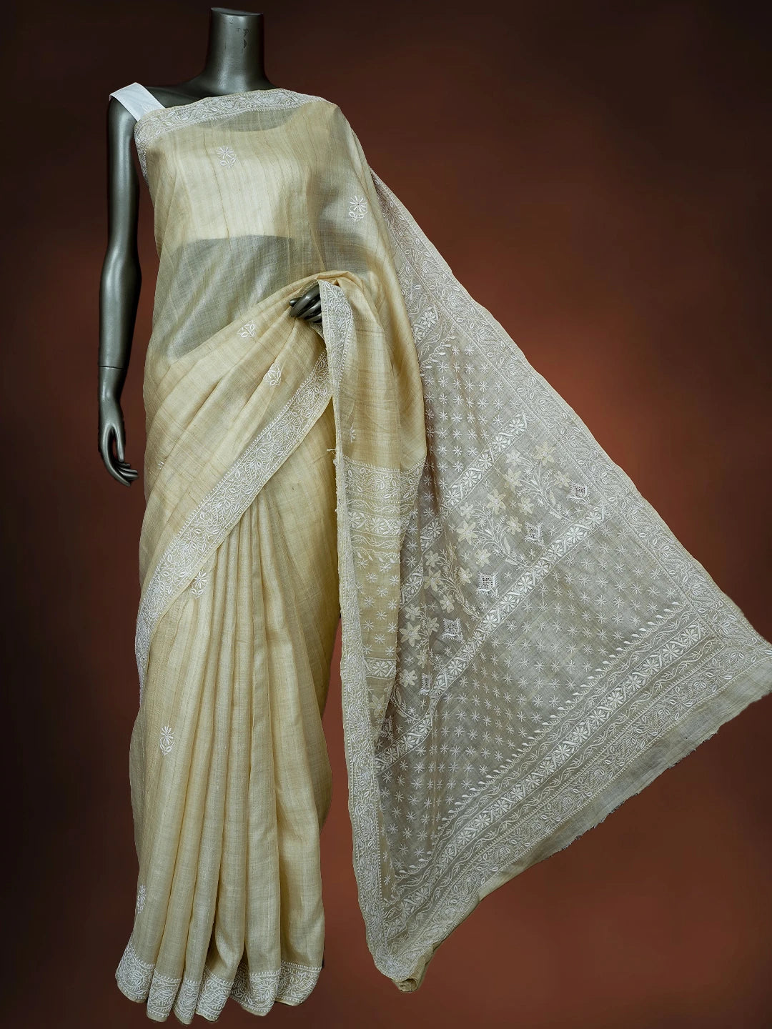 Ada Hand Embroidered Fawn Ghicha Silk Lucknowi Chikankari Saree and Blouse 01A590905