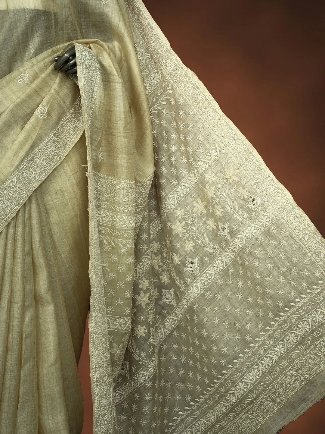 Ada Hand Embroidered Fawn Ghicha Silk Lucknowi Chikankari Saree and Blouse 01A590905