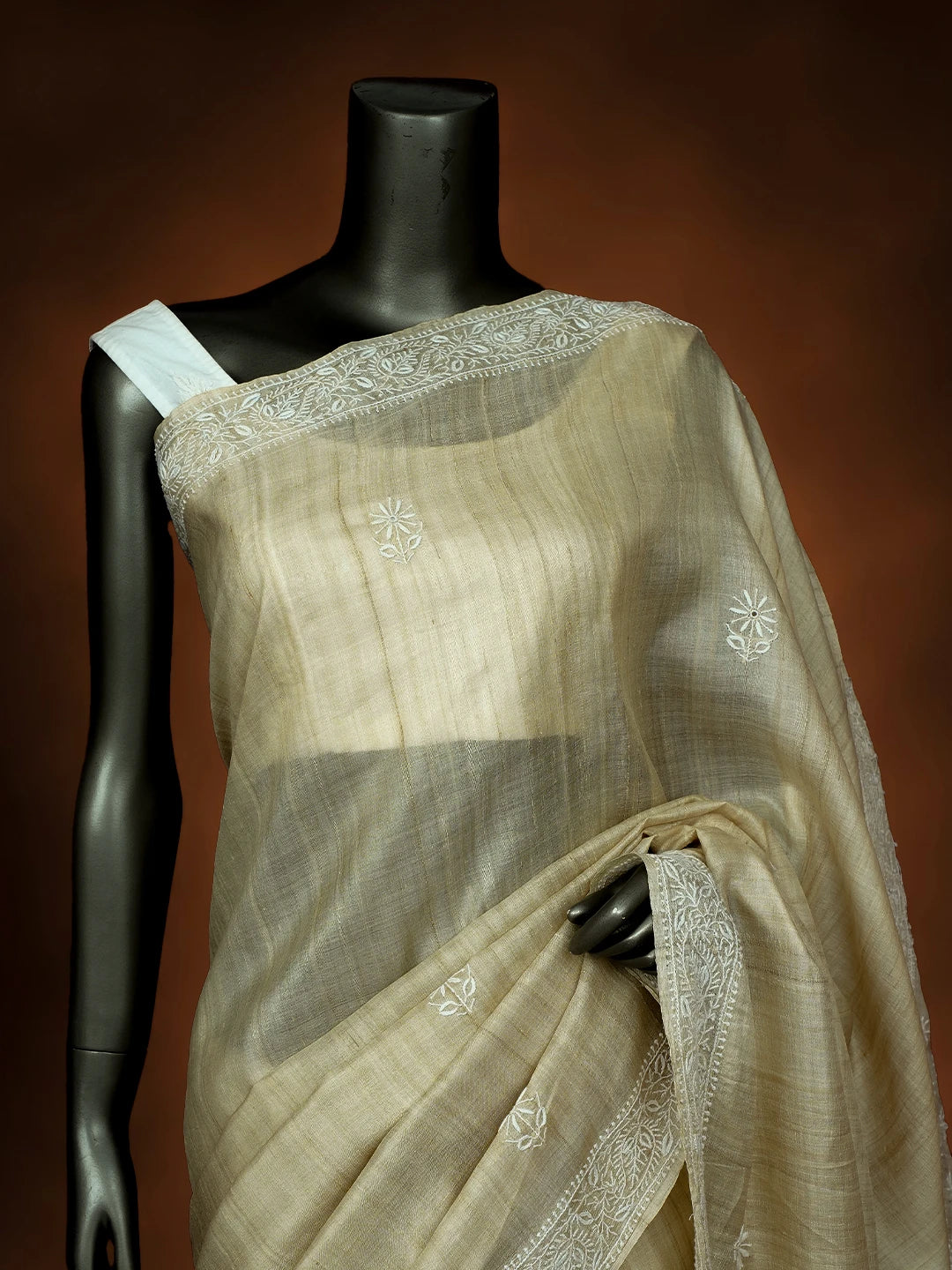 Ada Hand Embroidered Fawn Ghicha Silk Lucknowi Chikankari Saree and Blouse 01A590905