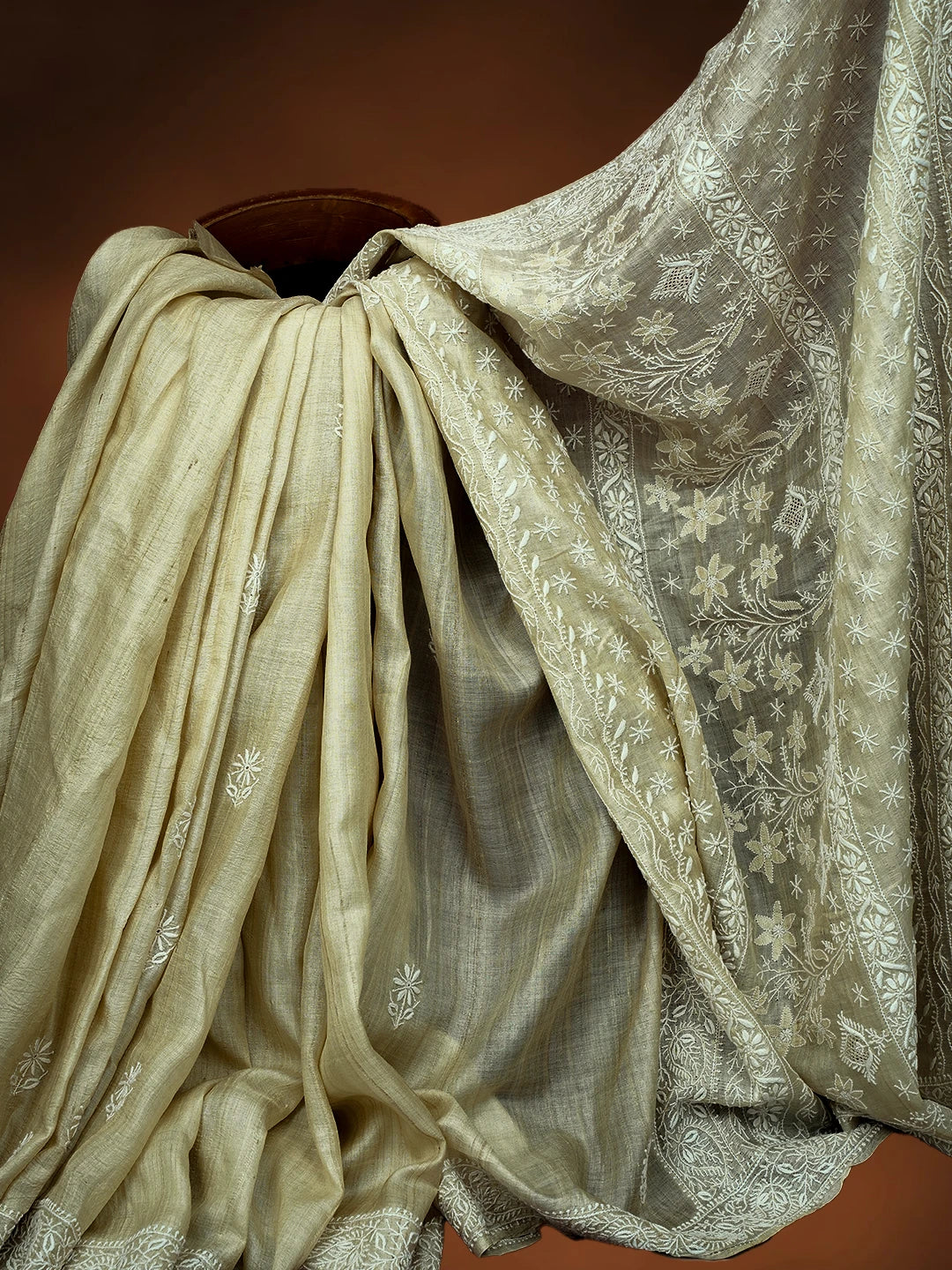 Ada Hand Embroidered Fawn Ghicha Silk Lucknowi Chikankari Saree and Blouse 01A590905