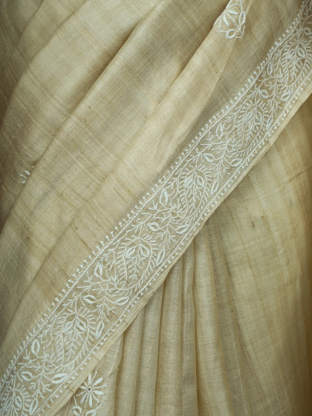 Ada Hand Embroidered Fawn Ghicha Silk Lucknowi Chikankari Saree and Blouse 01A590905