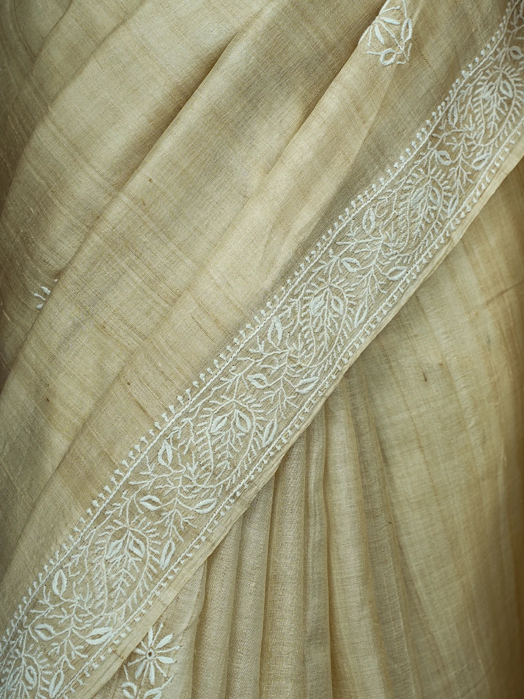 Ada Hand Embroidered Fawn Ghicha Silk Lucknowi Chikankari Saree and Blouse 01A590905