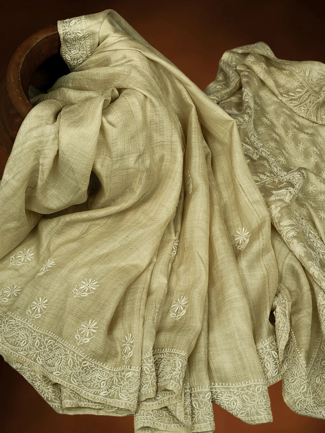 Ada Hand Embroidered Fawn Ghicha Silk Lucknowi Chikankari Saree and Blouse 01A590905