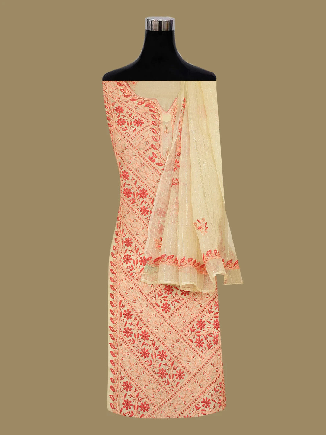 Ada Hand Embroidered Fawn Organza Lucknowi Chikankari Semi-Stitched Kurta Dupatta Set 01A585817