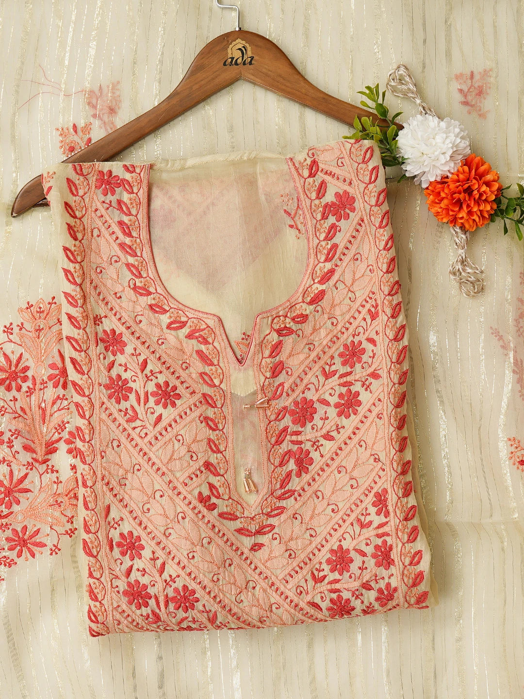 Ada Hand Embroidered Fawn Organza Lucknowi Chikankari Semi-Stitched Kurta Dupatta Set 01A585817
