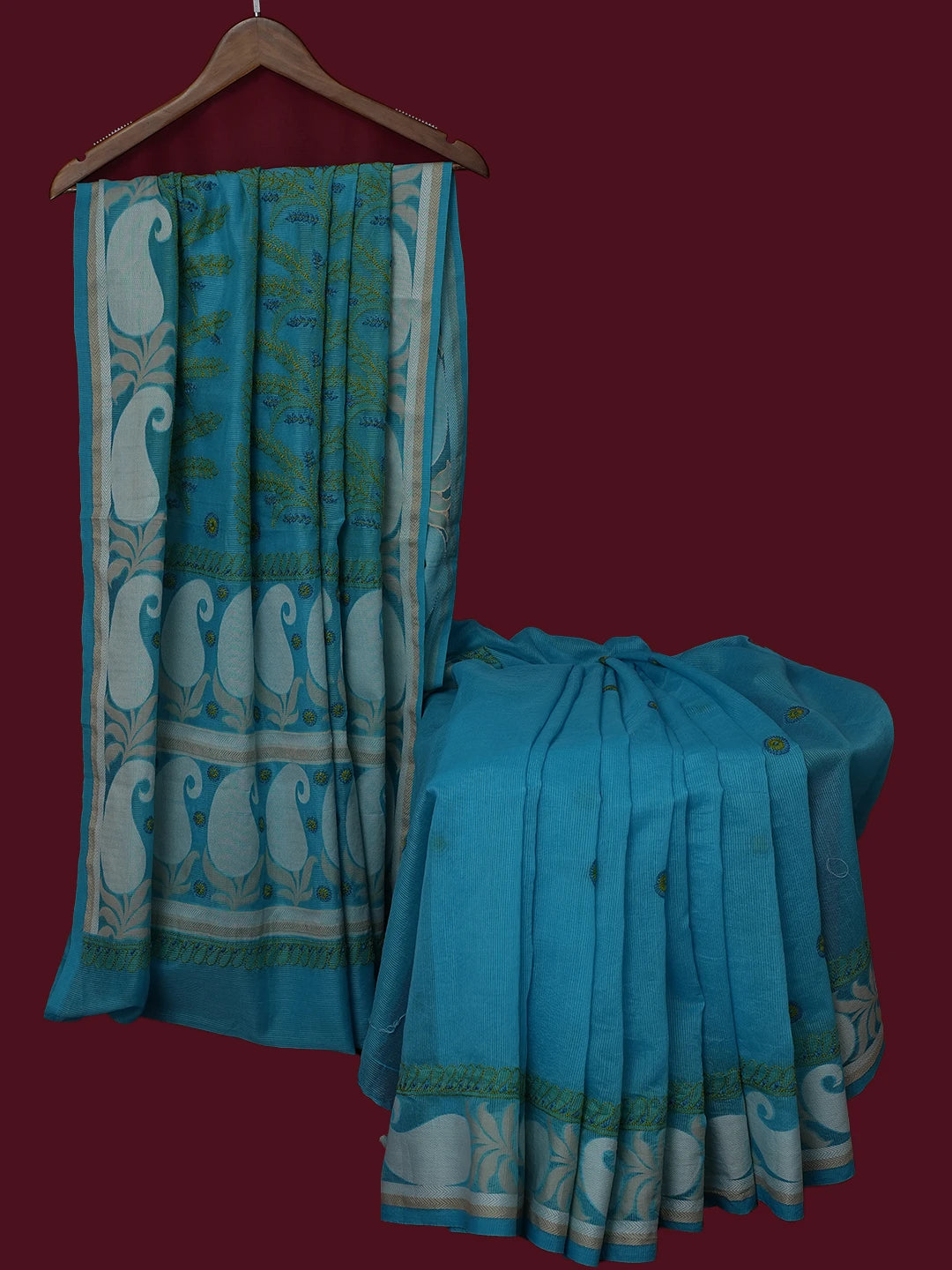 Ada Hand Embroidered Blue Chanderi Lucknowi Chikankari Saree and Blouse 01A680908