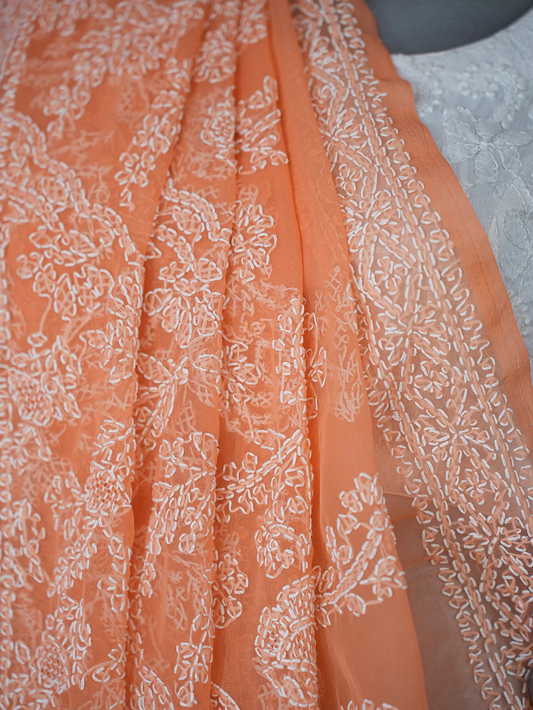 Ada Hand Embroidered Orange Georgette Lucknowi Chikankari Saree and Blouse 01A559024