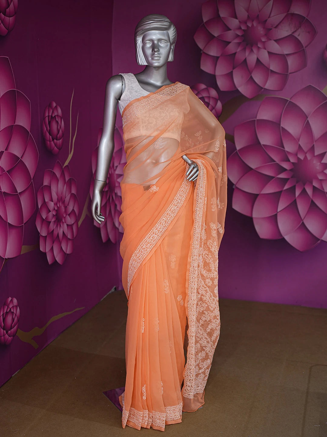 Ada Hand Embroidered Orange Georgette Lucknowi Chikankari Saree and Blouse 01A559024