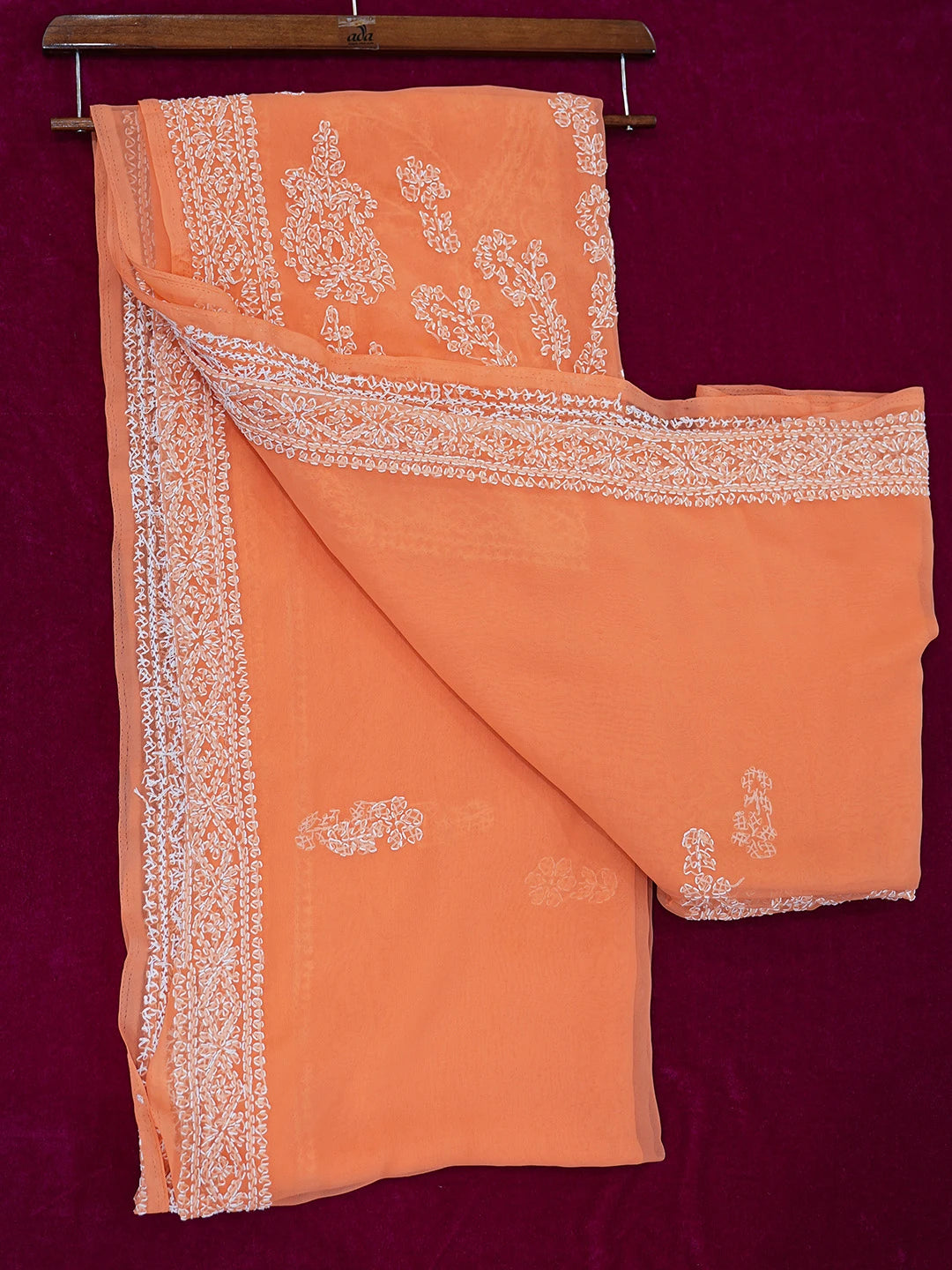 Ada Hand Embroidered Orange Georgette Lucknowi Chikankari Saree and Blouse 01A559024