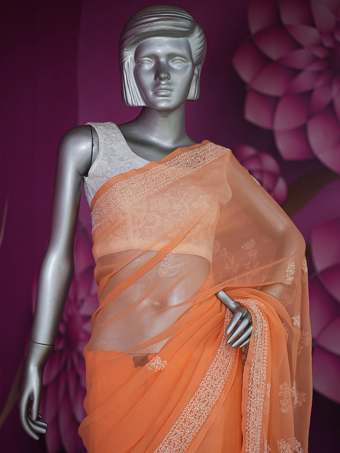 Ada Hand Embroidered Orange Georgette Lucknowi Chikankari Saree and Blouse 01A559024