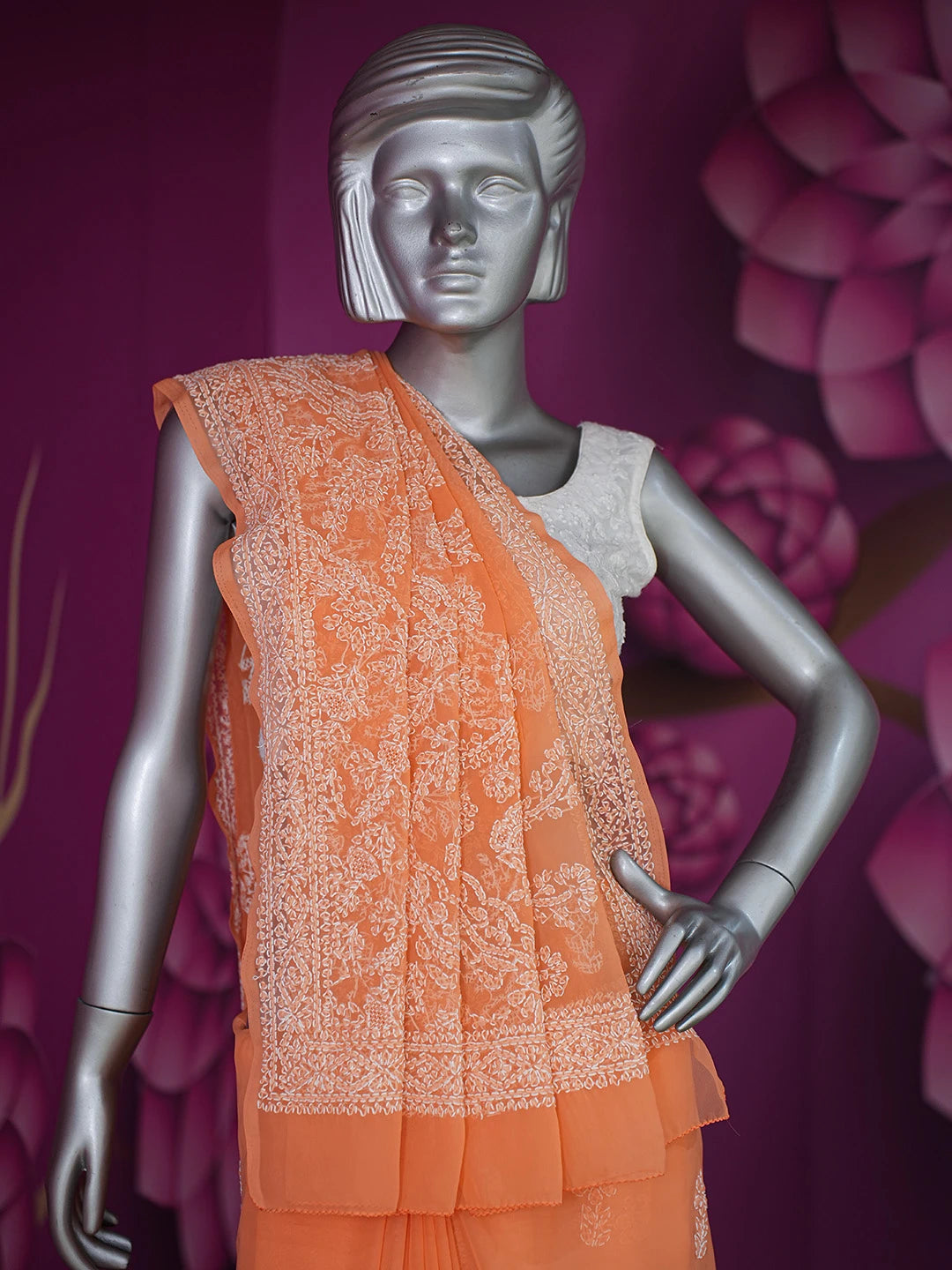 Ada Hand Embroidered Orange Georgette Lucknowi Chikankari Saree and Blouse 01A559024