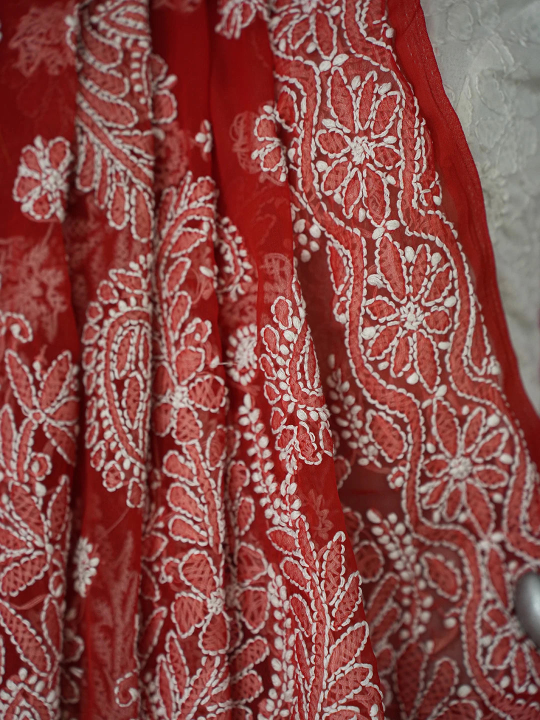 Ada Hand Embroidered Red Georgette Lucknowi Chikankari Saree and Blouse A611440
