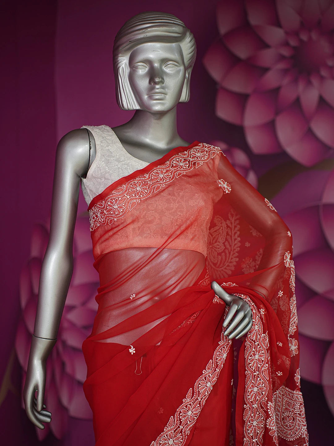 Ada Hand Embroidered Red Georgette Lucknowi Chikankari Saree and Blouse A611440