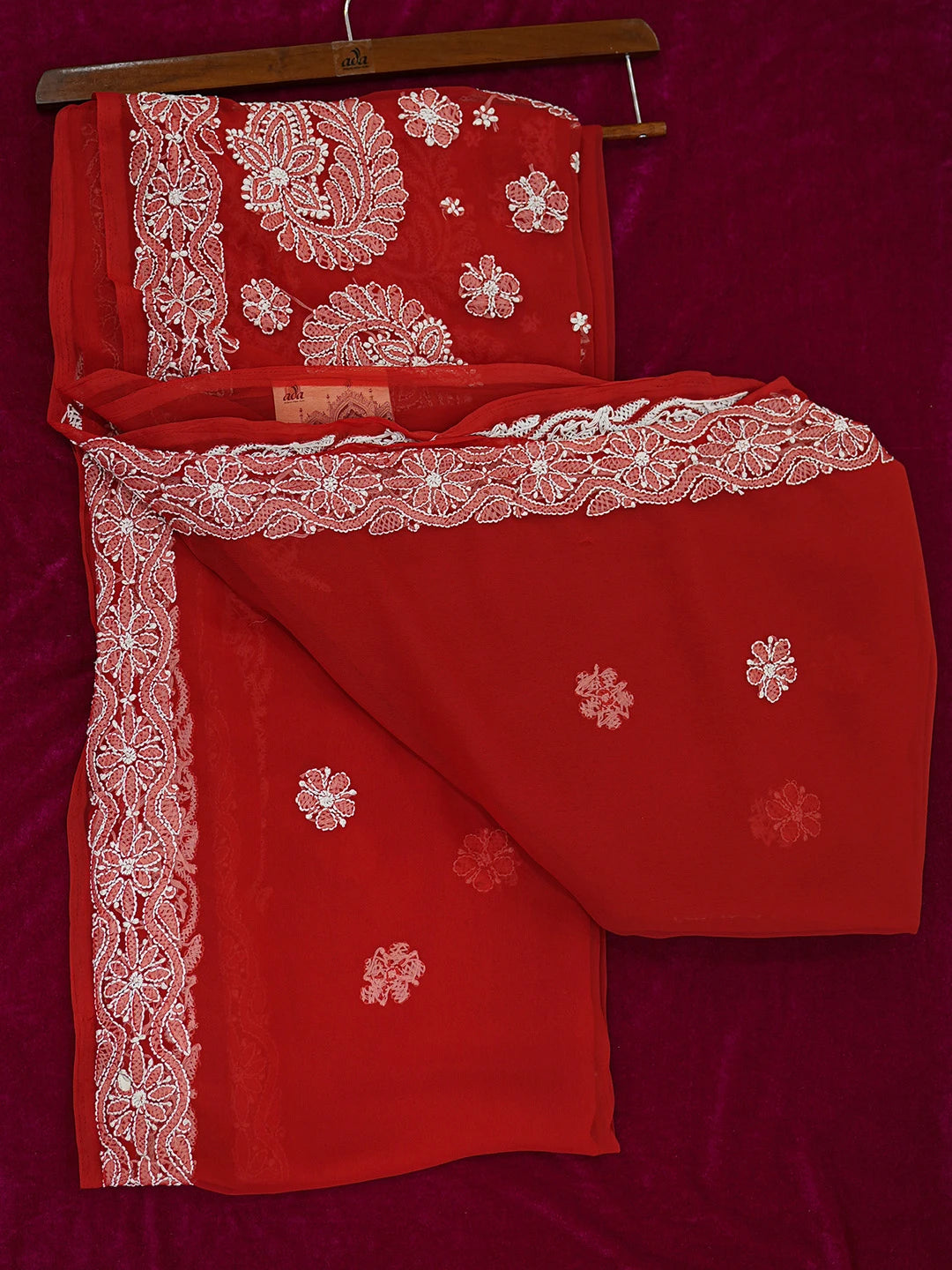Ada Hand Embroidered Red Georgette Lucknowi Chikankari Saree and Blouse A611440