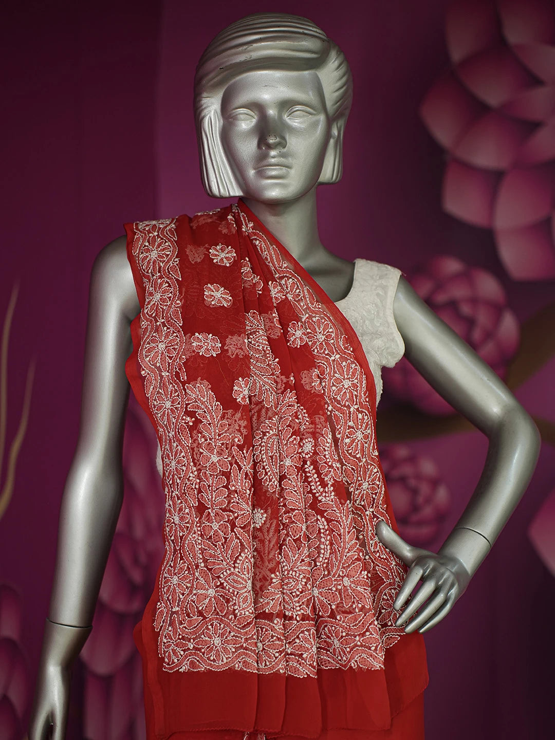 Ada Hand Embroidered Red Georgette Lucknowi Chikankari Saree and Blouse A611440