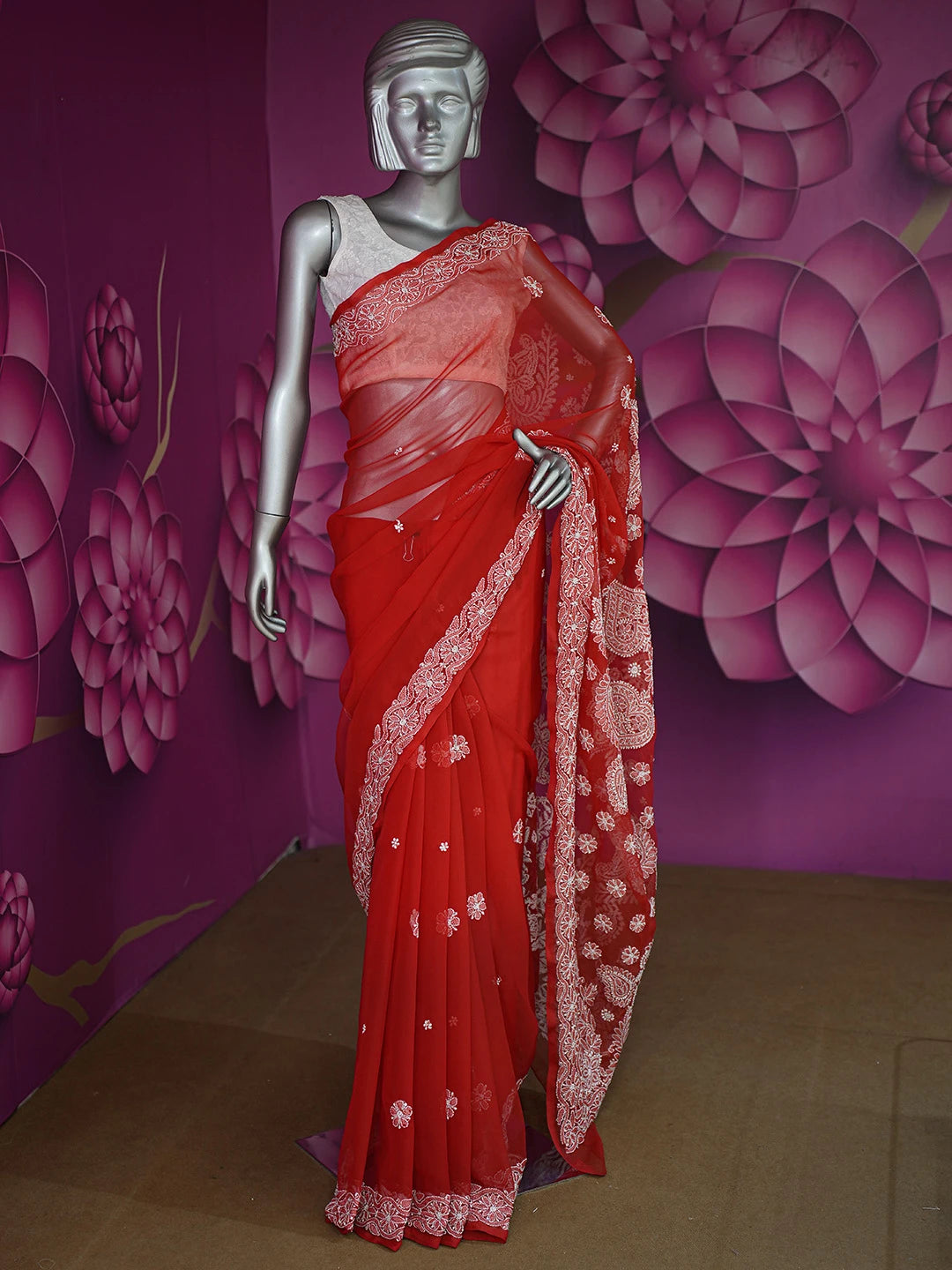 Ada Hand Embroidered Red Georgette Lucknowi Chikankari Saree and Blouse A611440