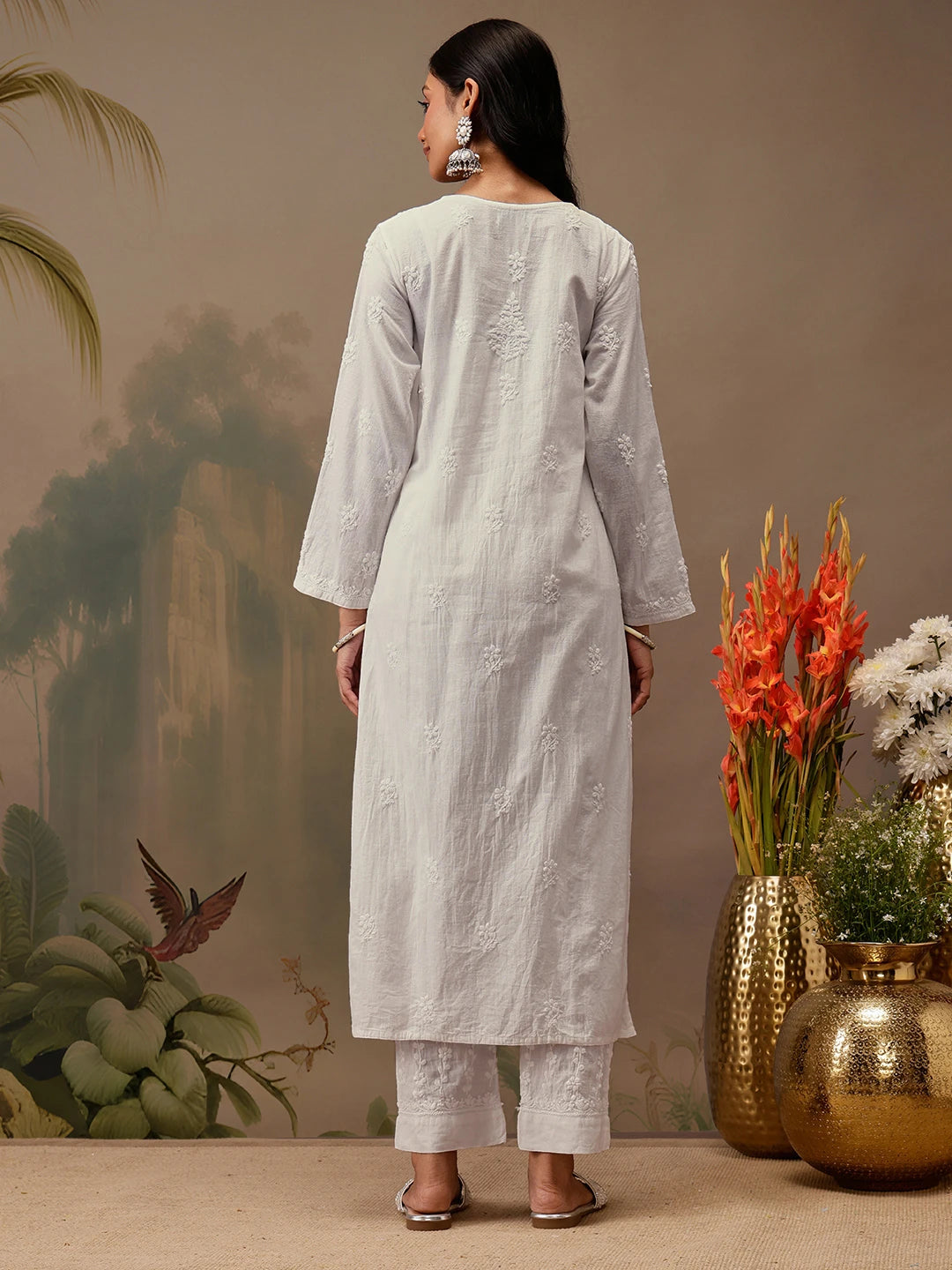 Ada Hand Embroidered White Linen Lucknowi Chikankari Co-Ord Set A811308