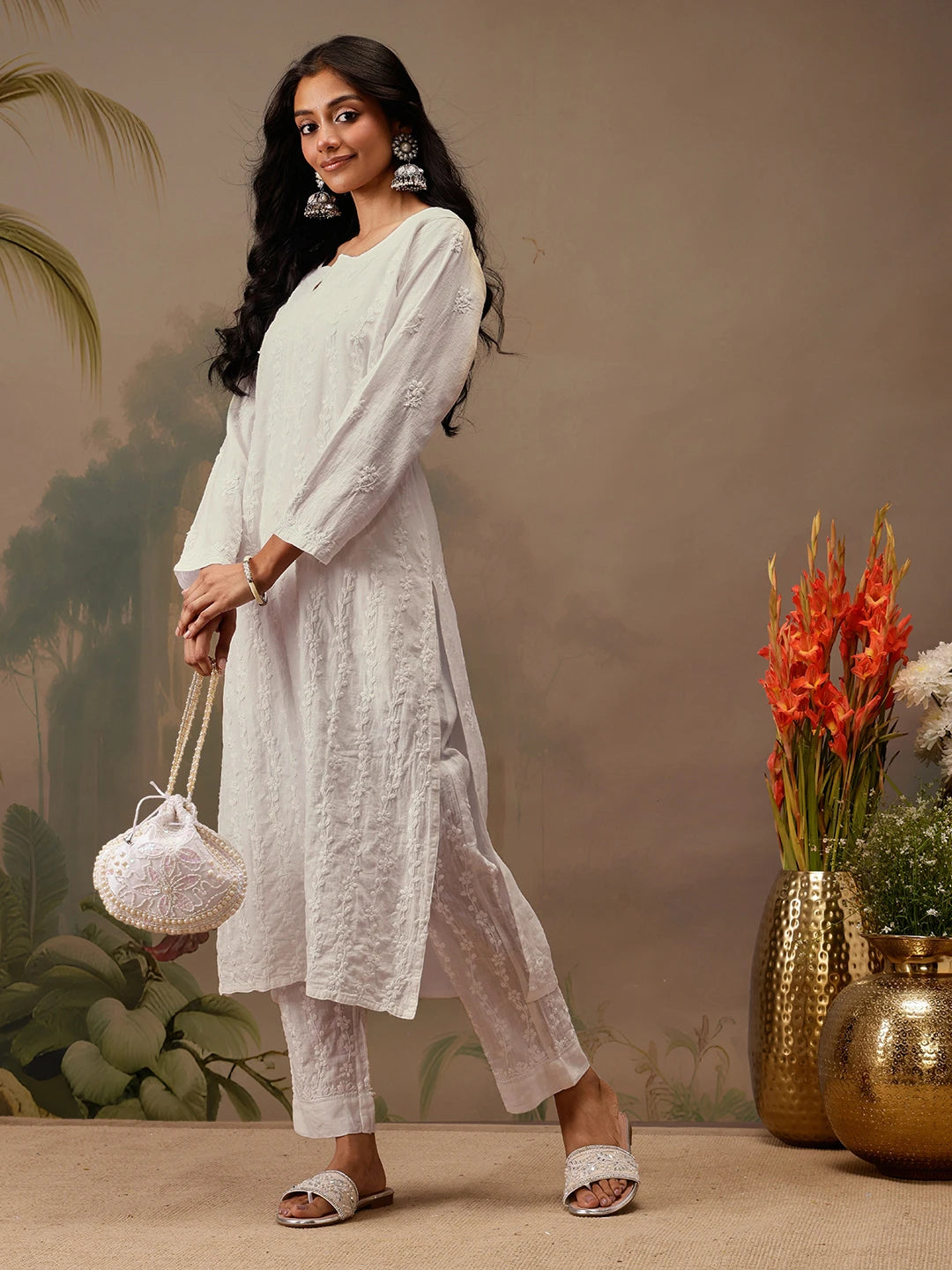Ada Hand Embroidered White Linen Lucknowi Chikankari Co-Ord Set A811308