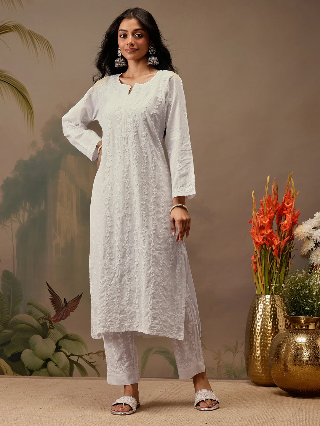 Ada Hand Embroidered White Linen Lucknowi Chikankari Co-Ord Set A811308