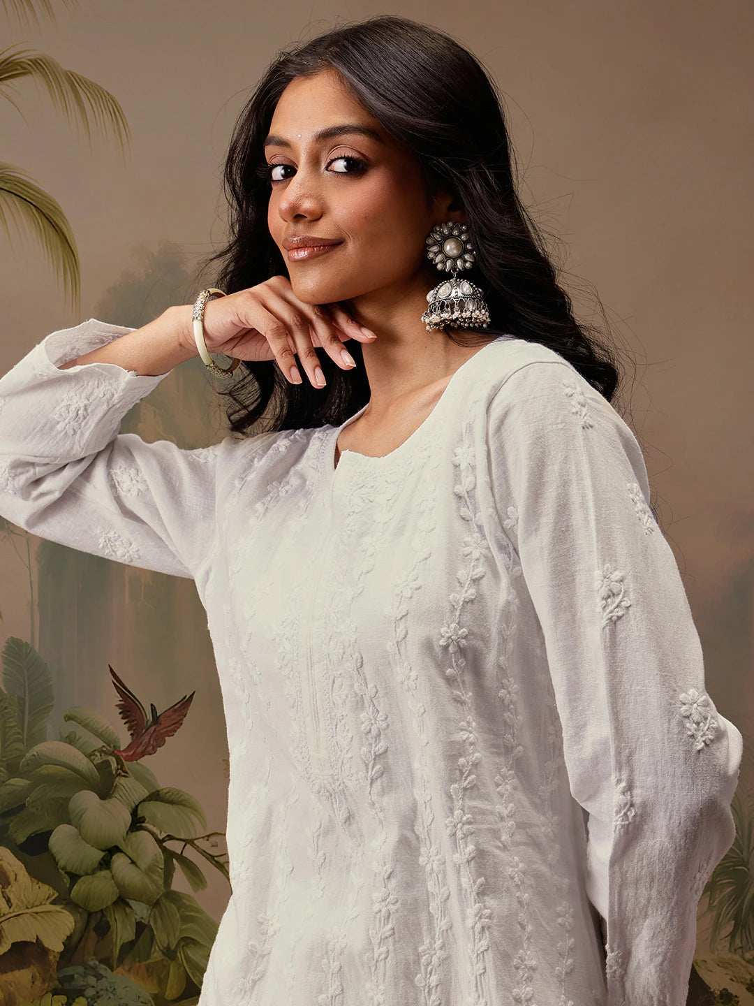 Ada Hand Embroidered White Linen Lucknowi Chikankari Co-Ord Set A811308