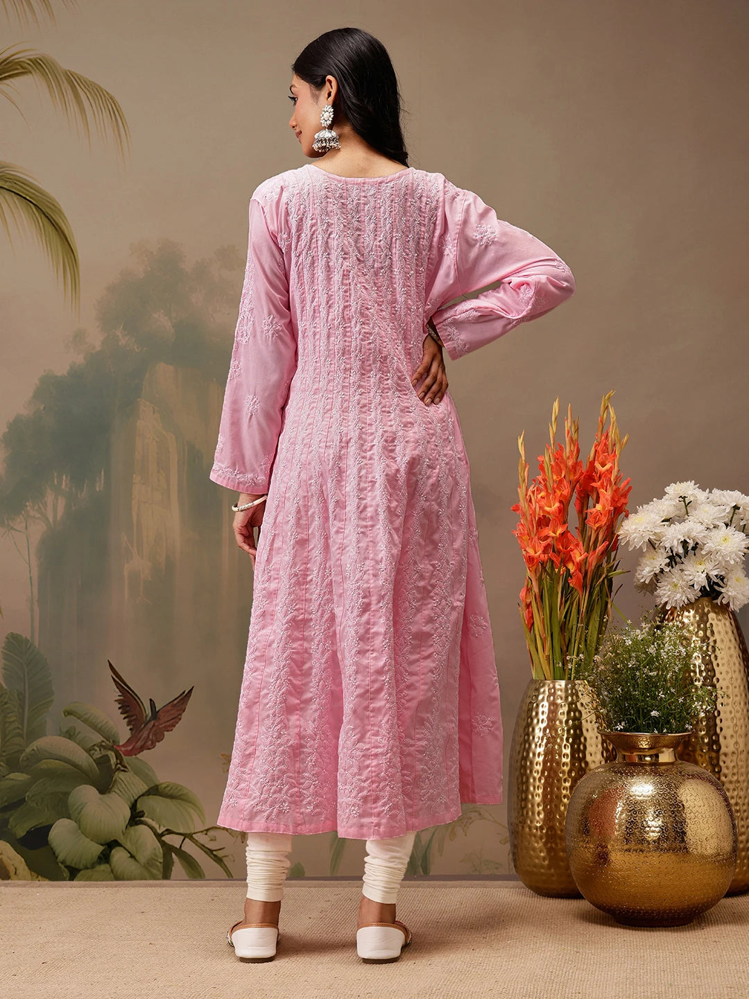 Ada Hand Embroidered Pink Cotton Lucknowi Chikankari Anarkali A-line Kurta A411739