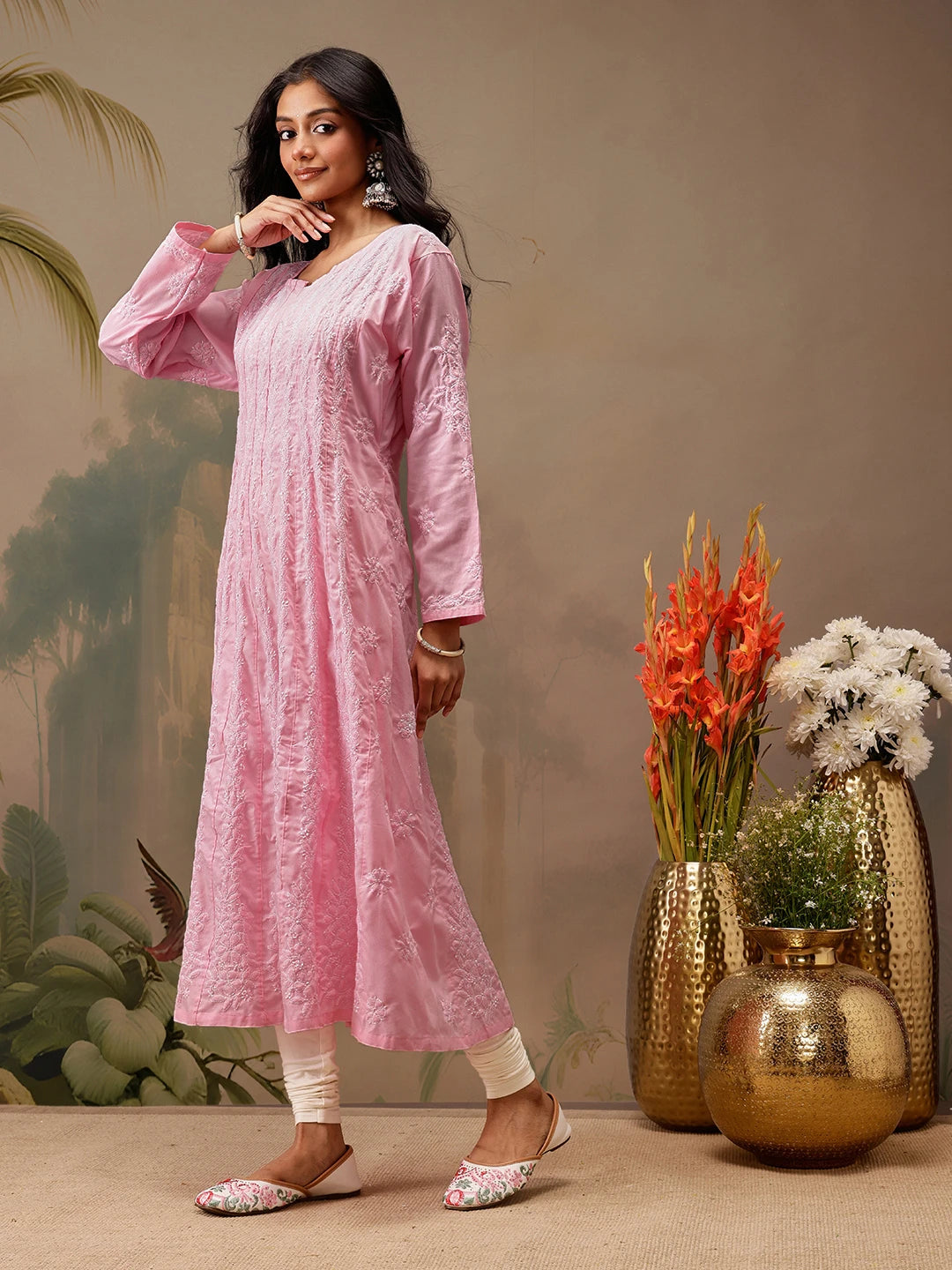 Ada Hand Embroidered Pink Cotton Lucknowi Chikankari Anarkali A-line Kurta A411739