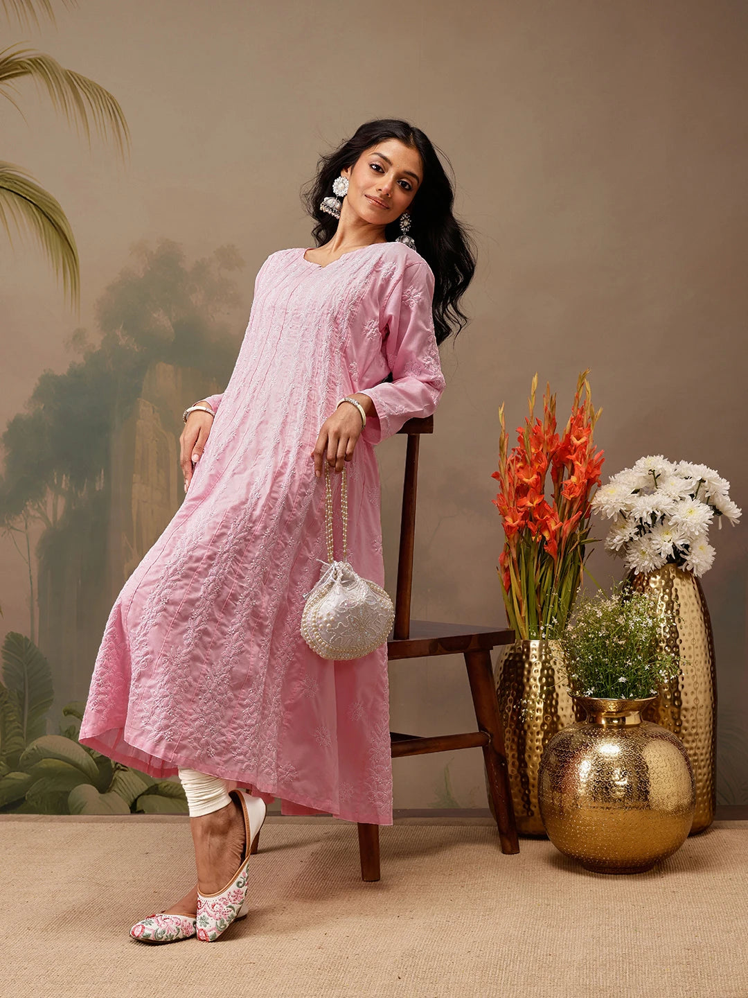 Ada Hand Embroidered Pink Cotton Lucknowi Chikankari Anarkali A-line Kurta A411739