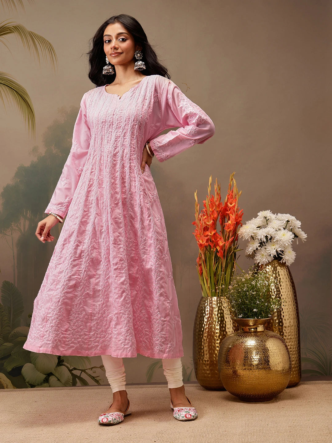 Ada Hand Embroidered Pink Cotton Lucknowi Chikankari Anarkali A-line Kurta A411739