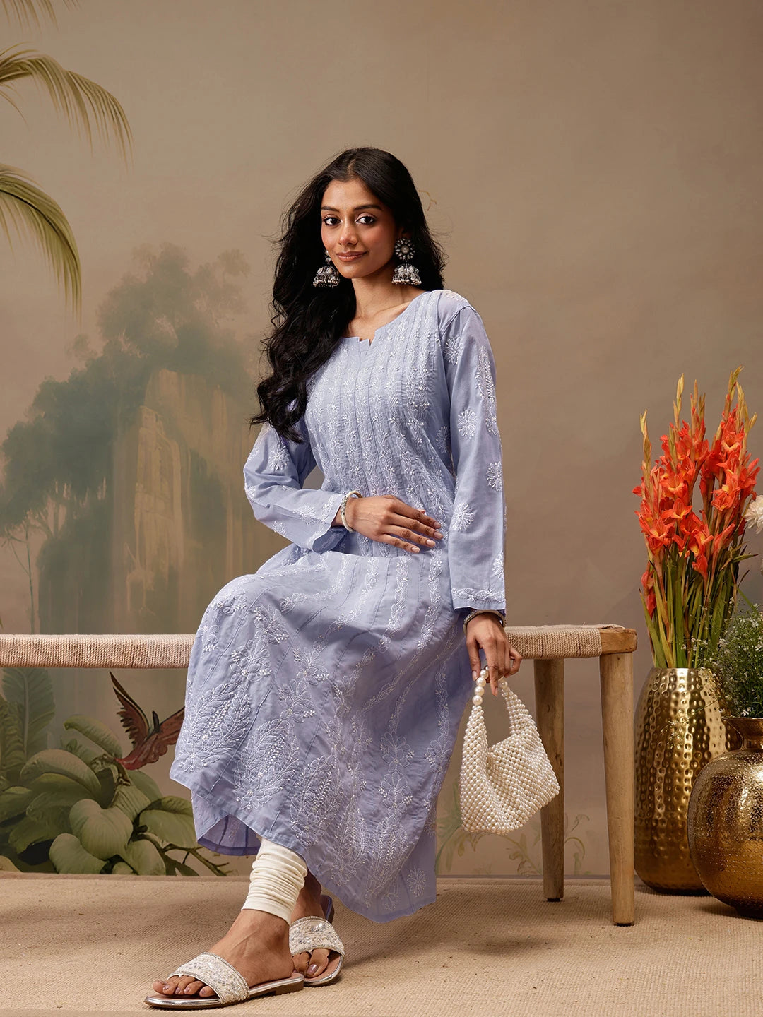 Ada Hand Embroidered Mauve Cotton Lucknowi Chikankari Anarkali A-line Kurta A411741