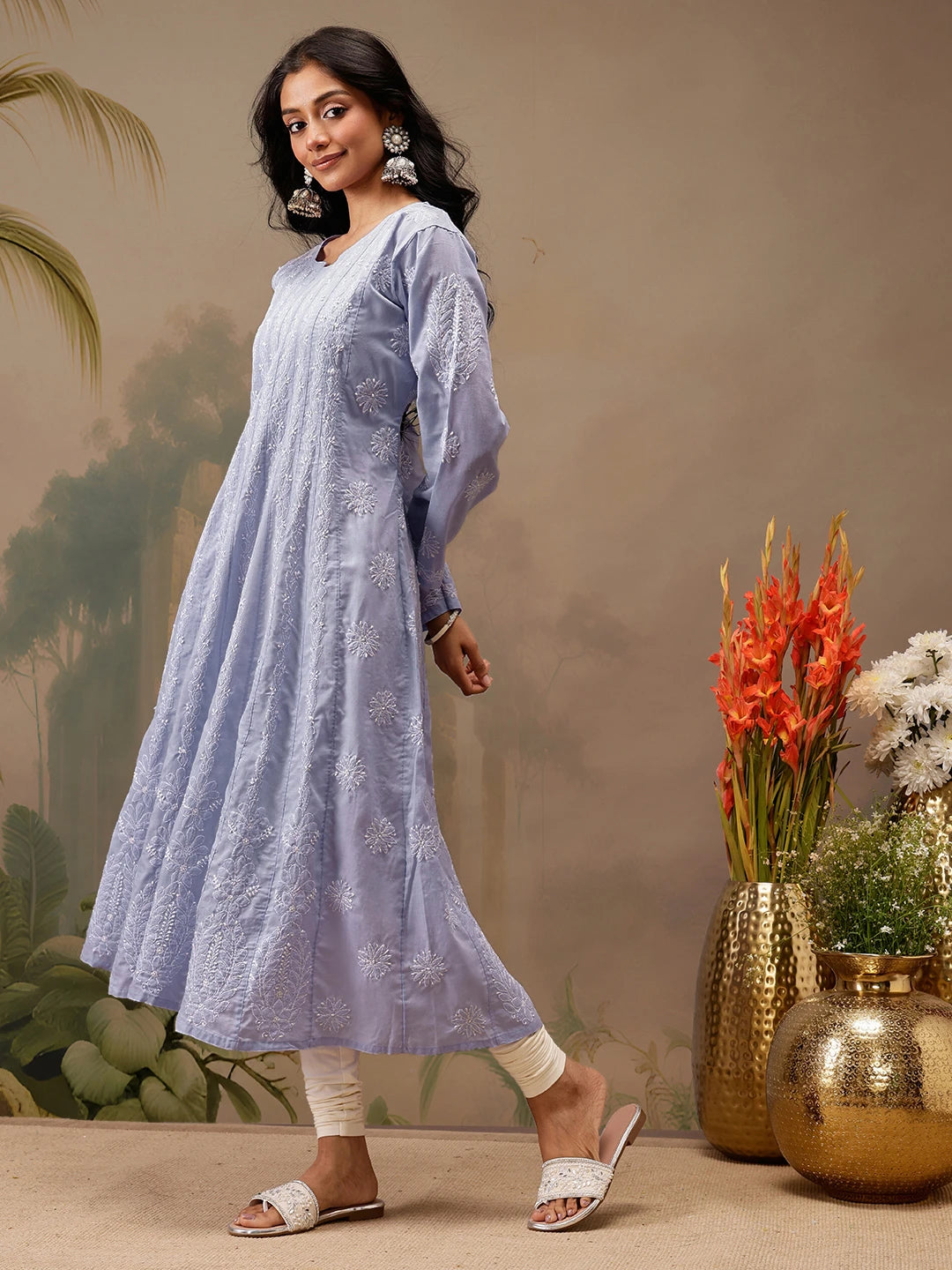 Ada Hand Embroidered Mauve Cotton Lucknowi Chikankari Anarkali A-line Kurta A411741